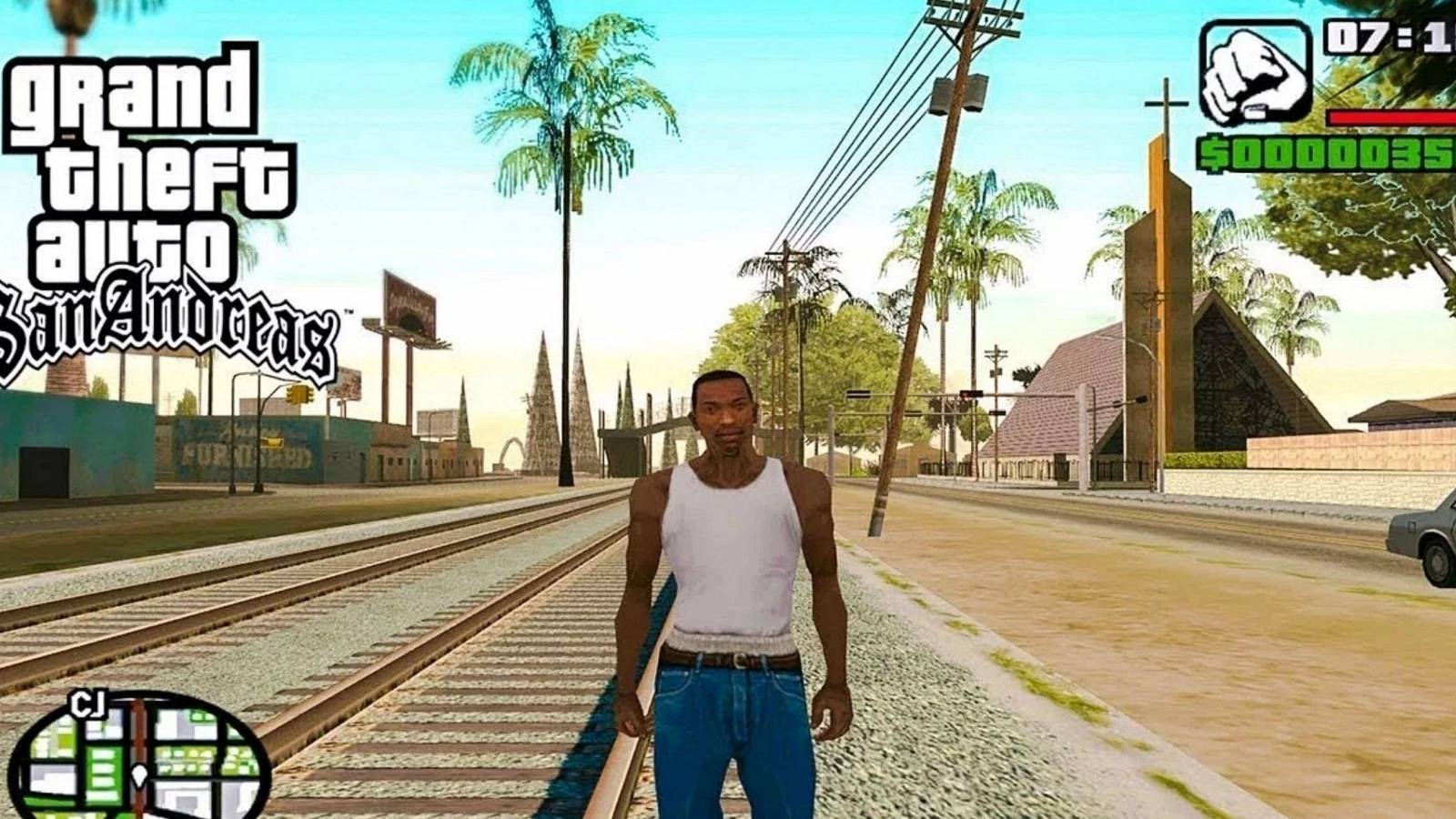 Screenshot from Grand Theft Auto: San Andreas, showing CJ standing on the railway tracks.