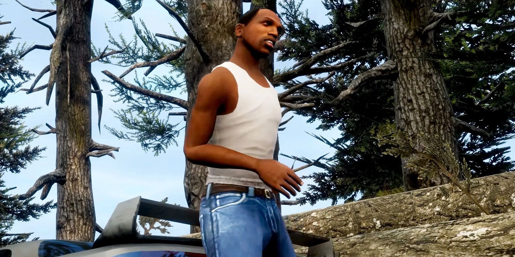 Screenshot from Grand Theft Auto: San Andreas showing CJ in the woods.