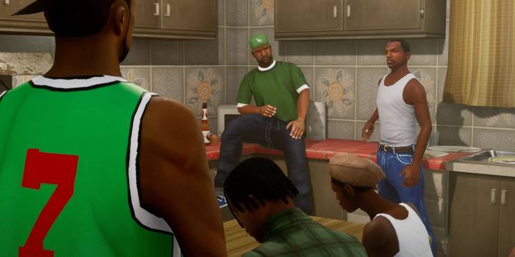 Снимок экрана из трилогии Grand Theft Auto Remastered, на котором изображены CJ и банда Grove Street.