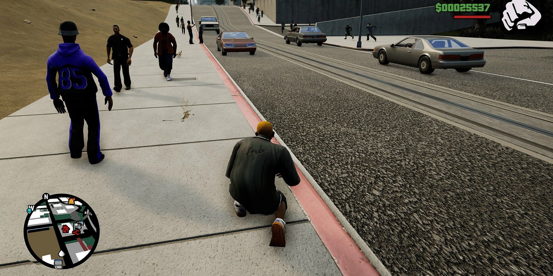 Screenshot from the Grand Theft Auto Trilogy remaster showing the new and improved 4K road and pavement textures.