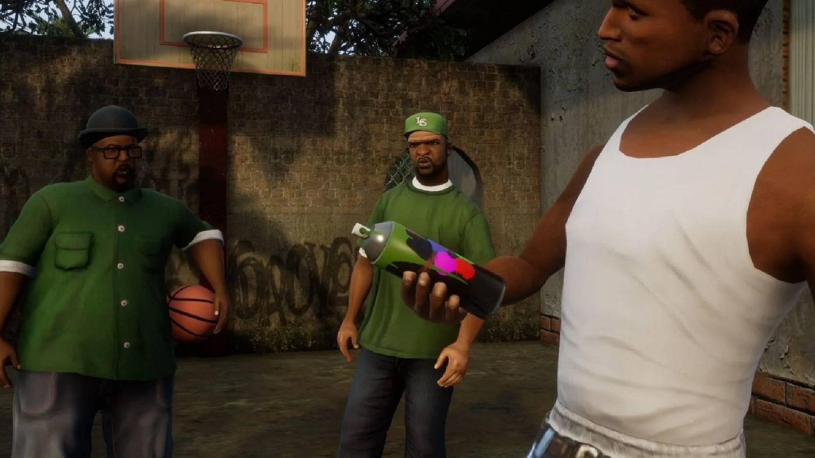 Screenshot from Grand Theft Auto: San Andreas showing CJ hanging out with the Grove Street Gang.