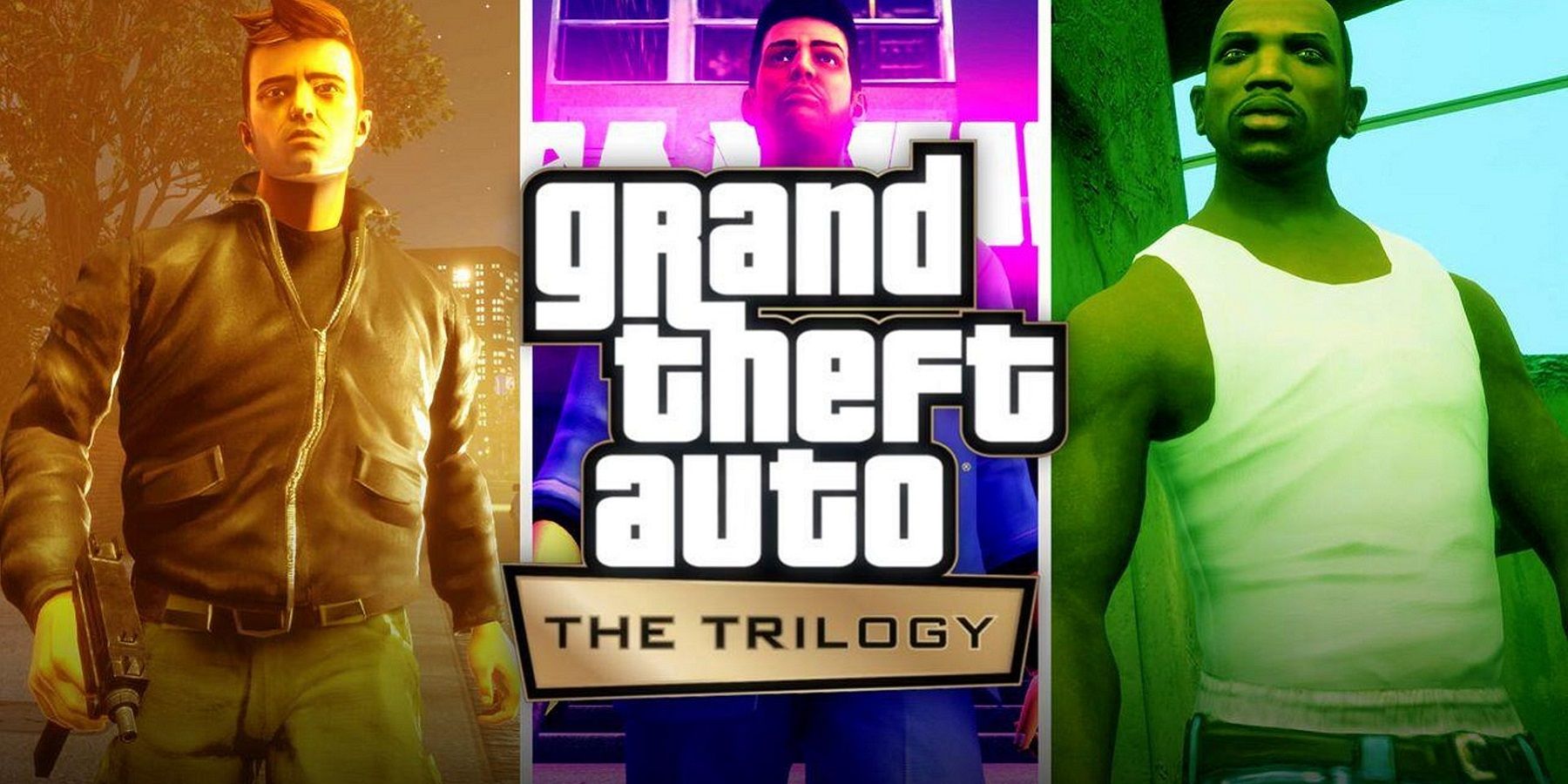 The Grand Theft Auto Trilogy remastered logo with the three main protagonists behind it.