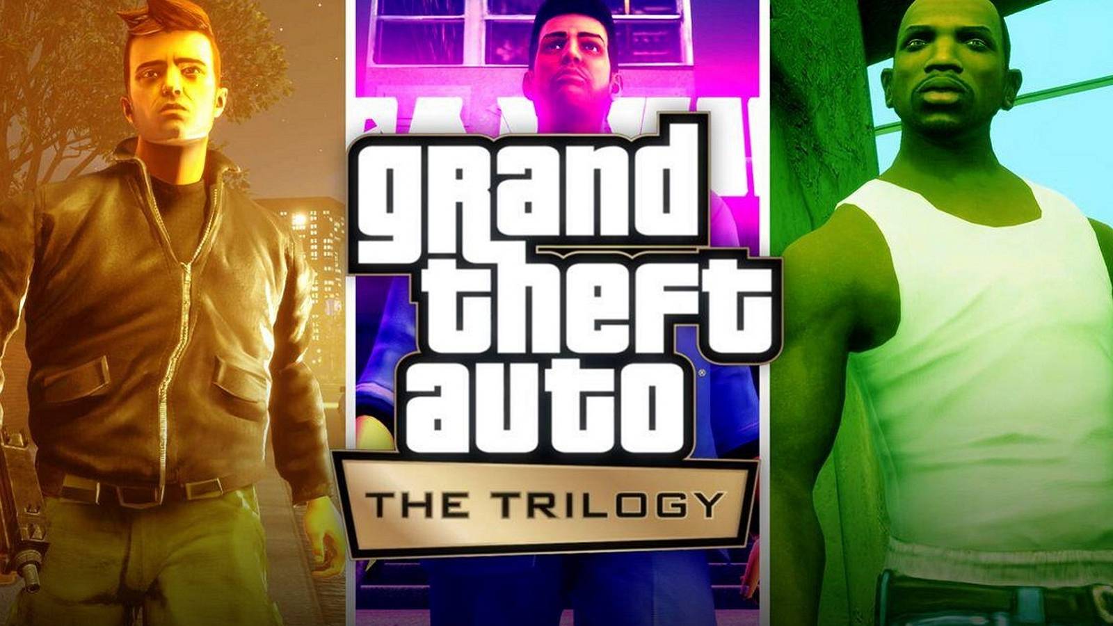 The Grand Theft Auto Trilogy remastered logo with the three main protagonists behind it.
