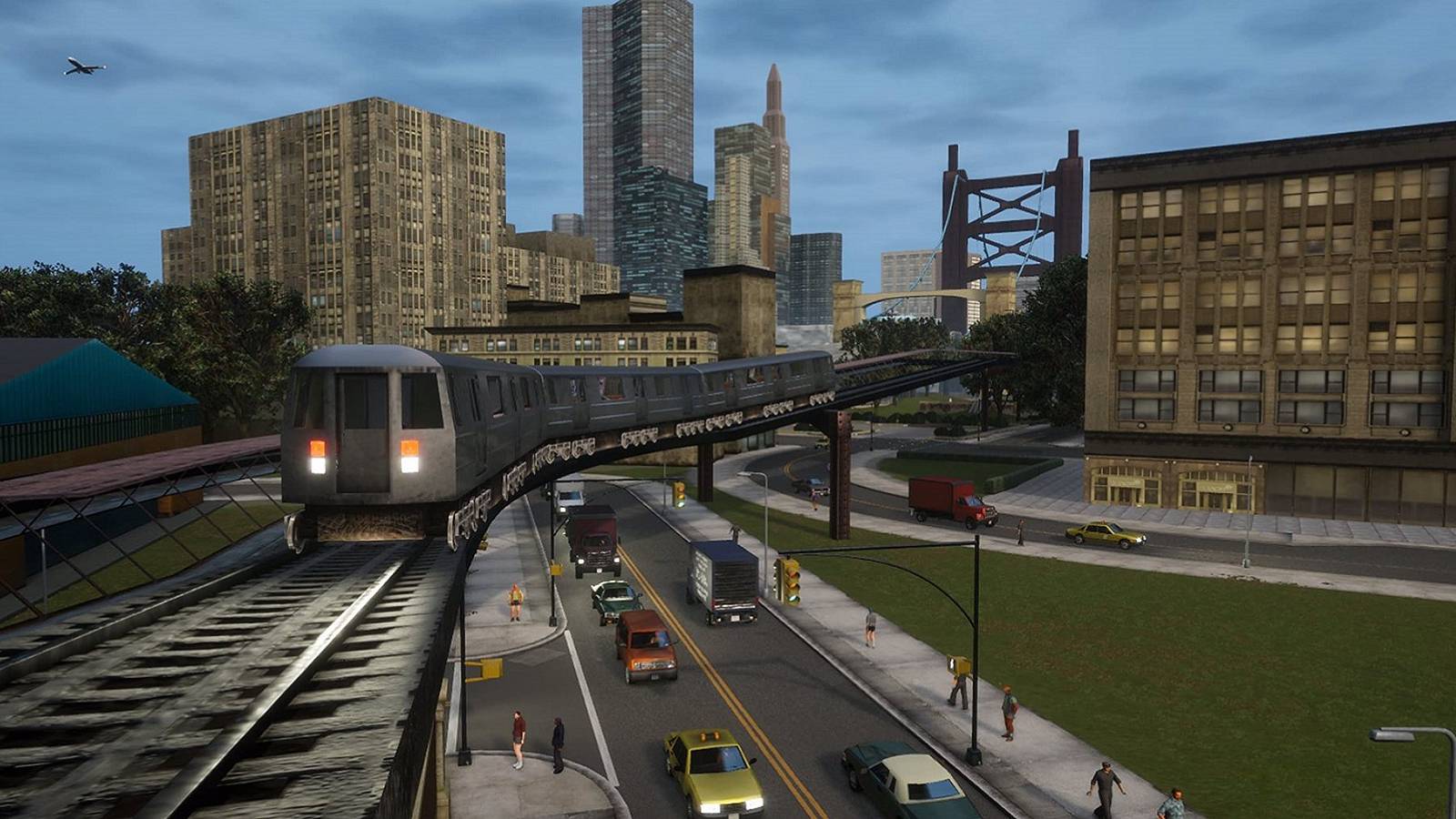 A screenshot from the Grand Theft Auto Trilogy Remaster showing a train approaching above a busy road.