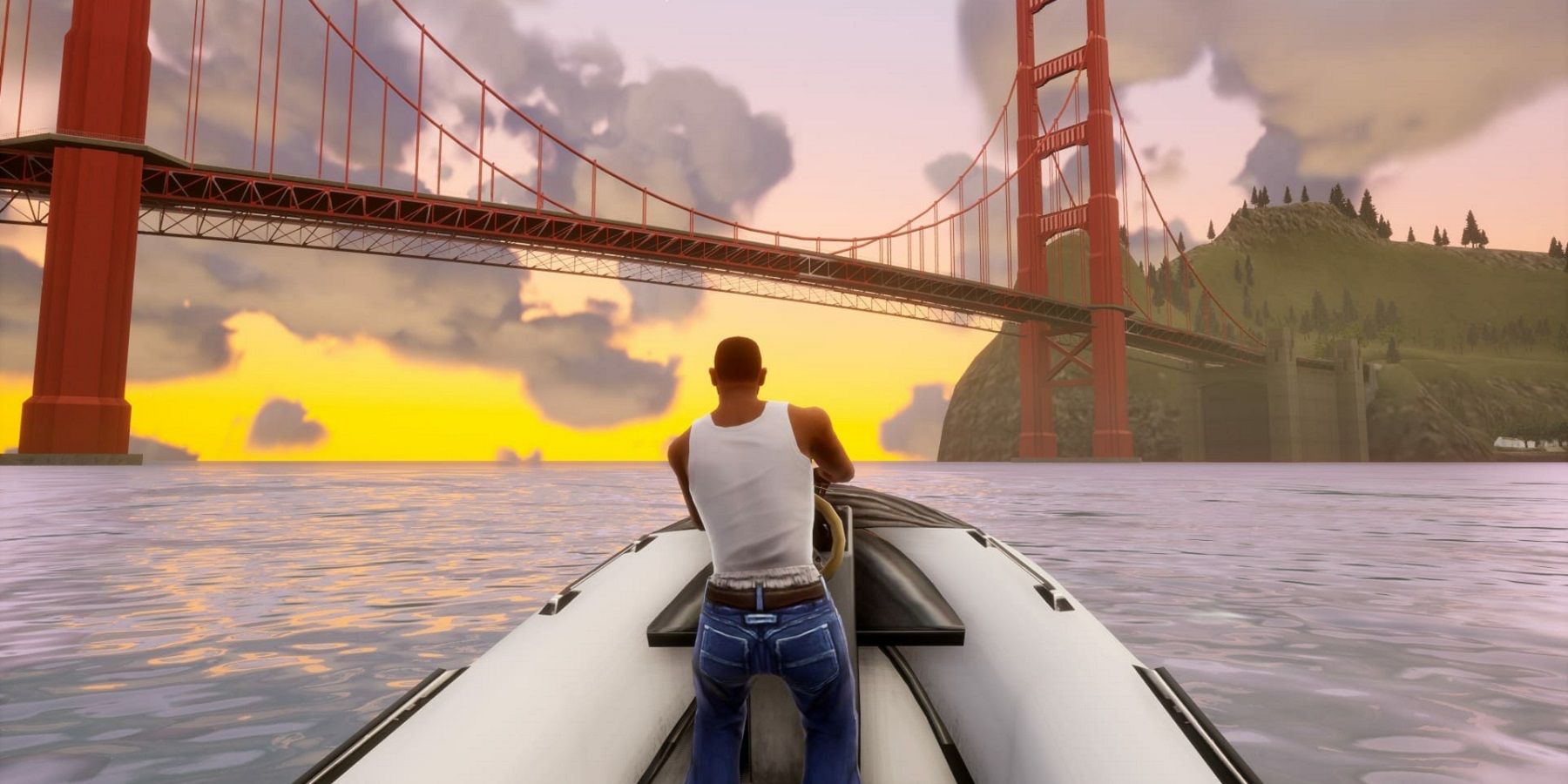 Screenshot from the remastered San Andreas from the GTA Trilogy showing CJ riding on a speedboat down a river.