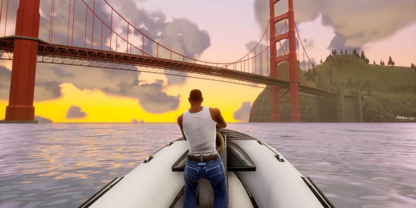 Screenshot from the remastered San Andreas from the GTA Trilogy showing CJ riding on a speedboat down a river.