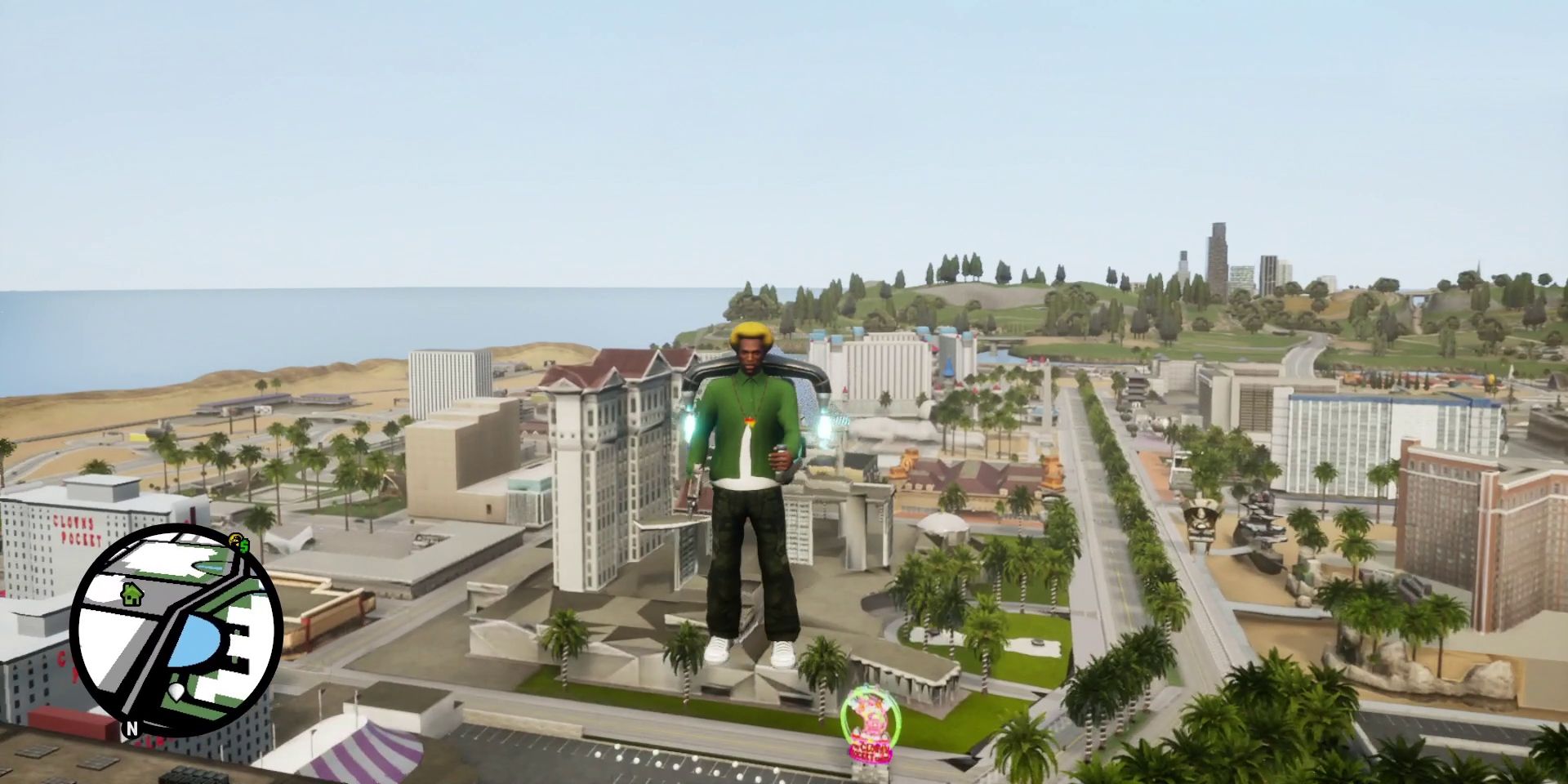 CJ using a jetpack in Grand Theft Auto San Andreas