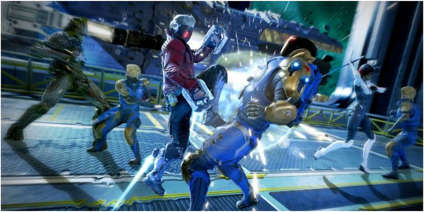 Star-Lord, Groot, and Gomorra fighting enemies
