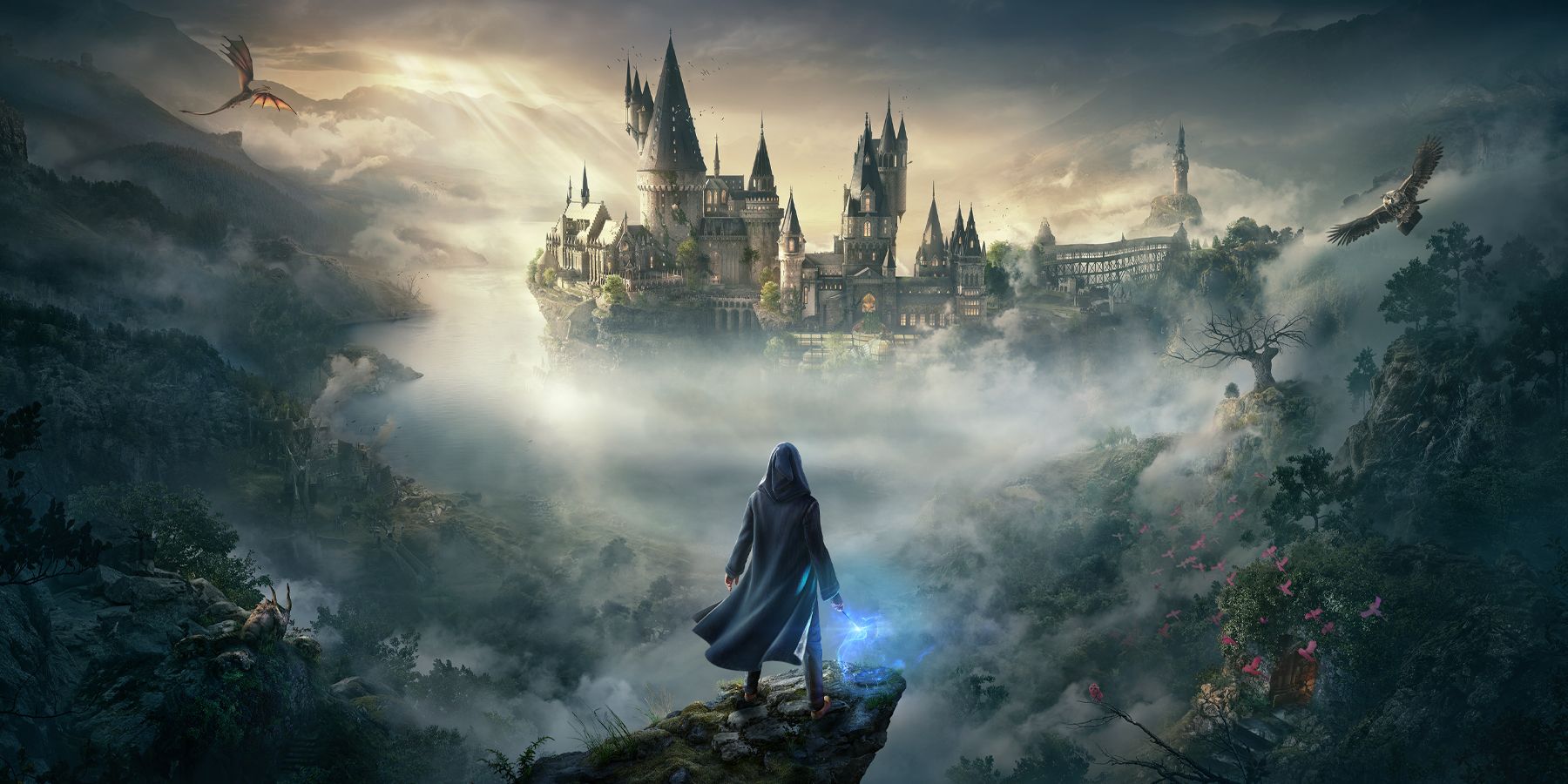 A young wizard looks out at Hogwarts in promo art for Hogwarts Legacy.