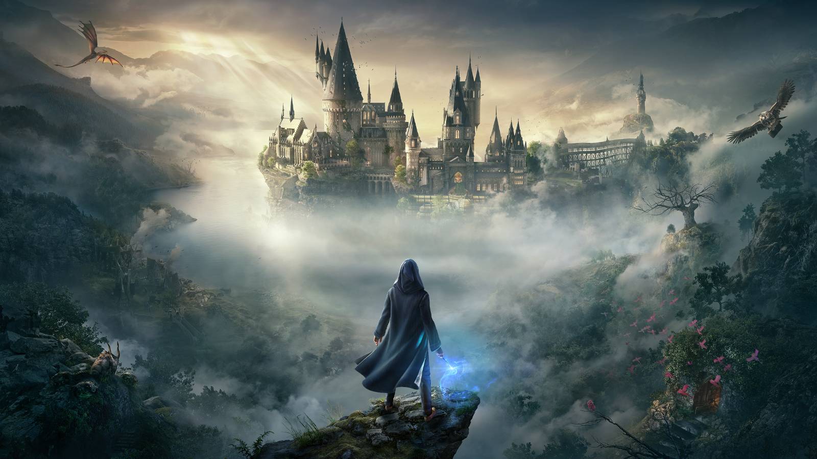 A young wizard looks out at Hogwarts in promo art for Hogwarts Legacy.