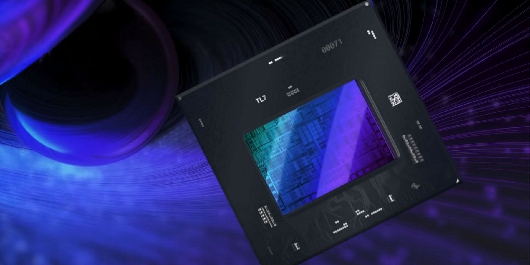 Image of an Intel GPU chip on a purple background.