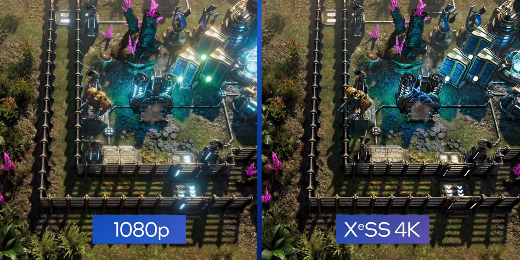 Split screen of Rift Breaker showing 1080p on the left and Intel's XeSS upscaling on the right.