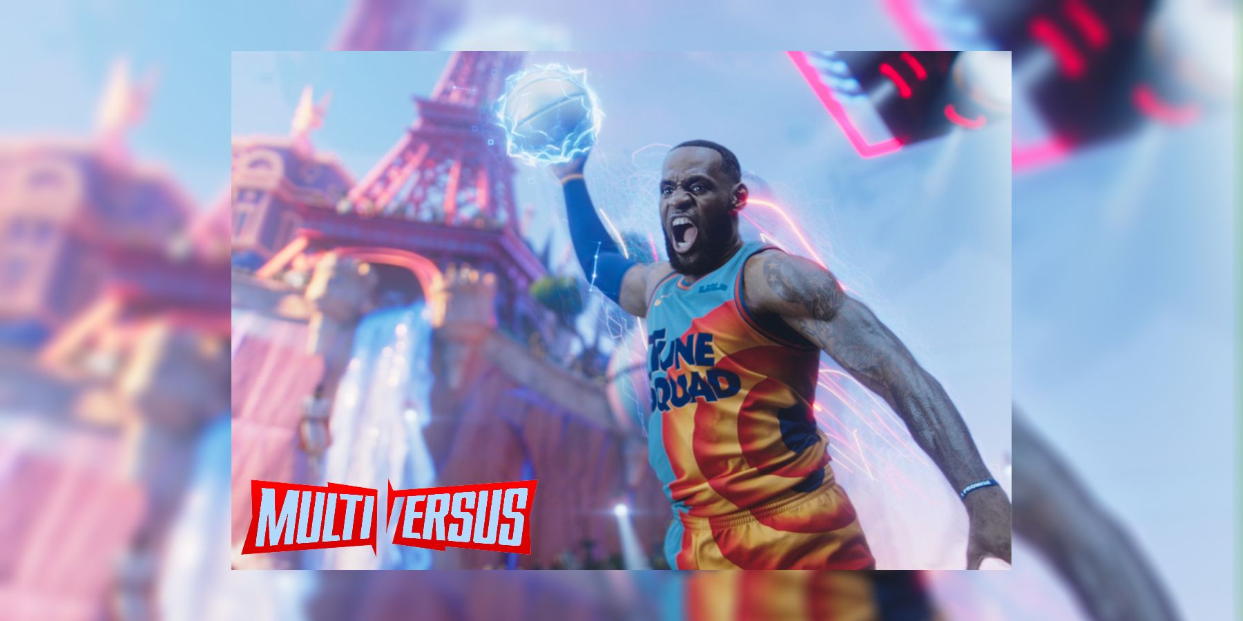 LeBron James dunking a basketball in Space Jam 2 with the MultiVersus logo.