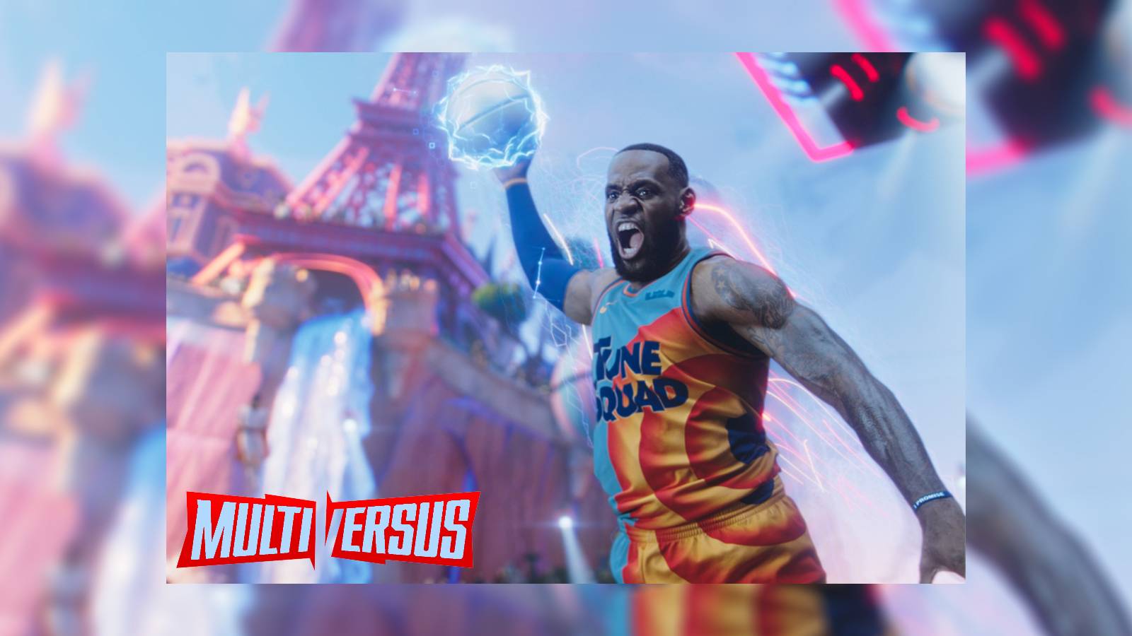 LeBron James dunking a basketball in Space Jam 2 with the MultiVersus logo.