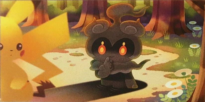 pokemon card marshadow in woods with Pikachu