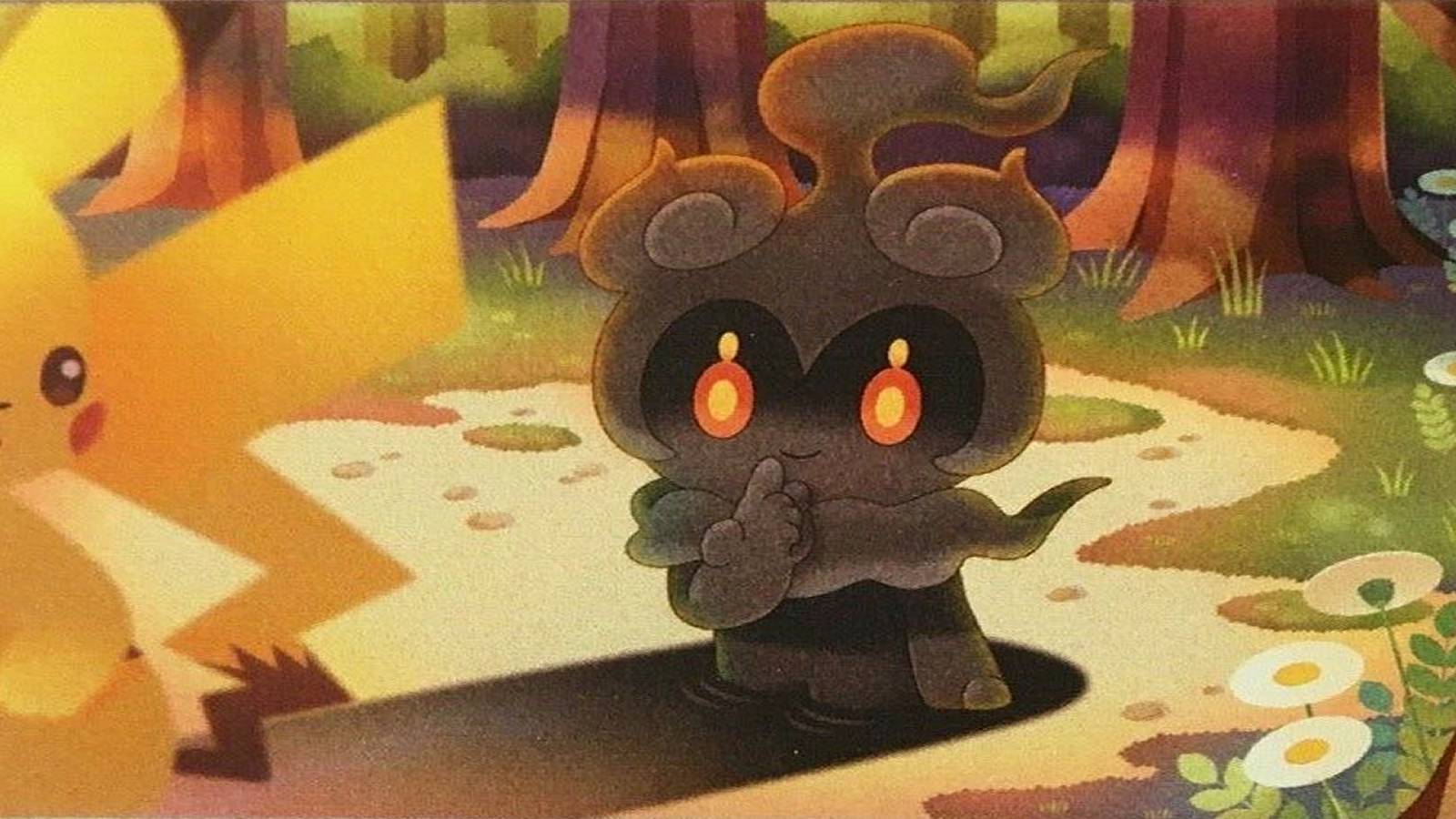 pokemon card marshadow in woods with Pikachu