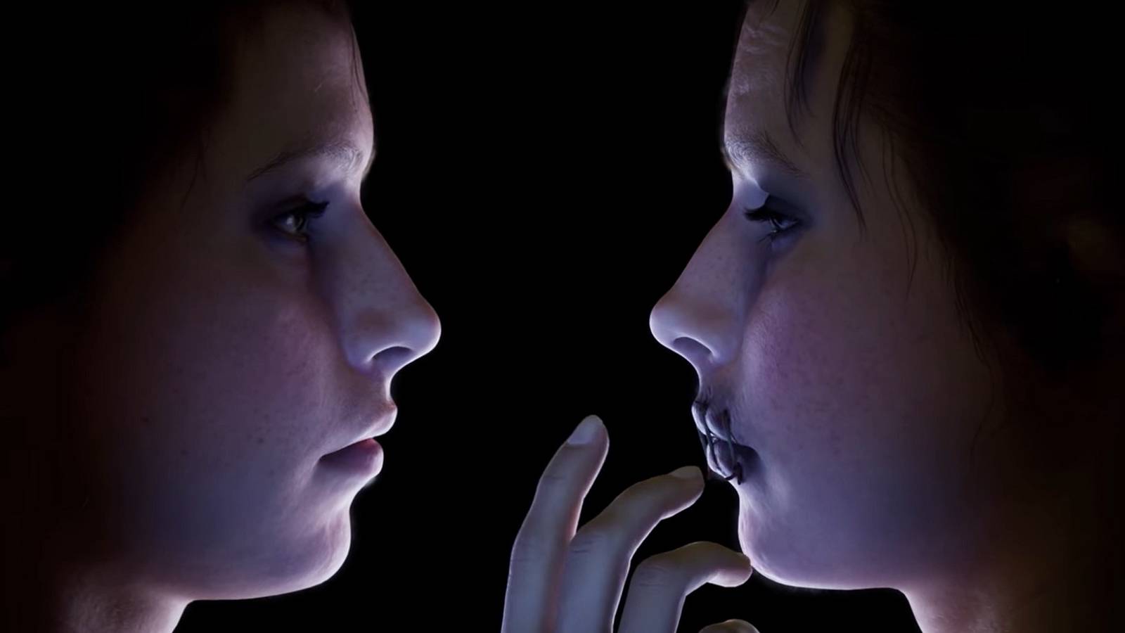 The faces of two twin girls from a Martha Is Dead trailer, one with her lips stitched shut, the other reaching out to touch her sister's mutilated mouth.