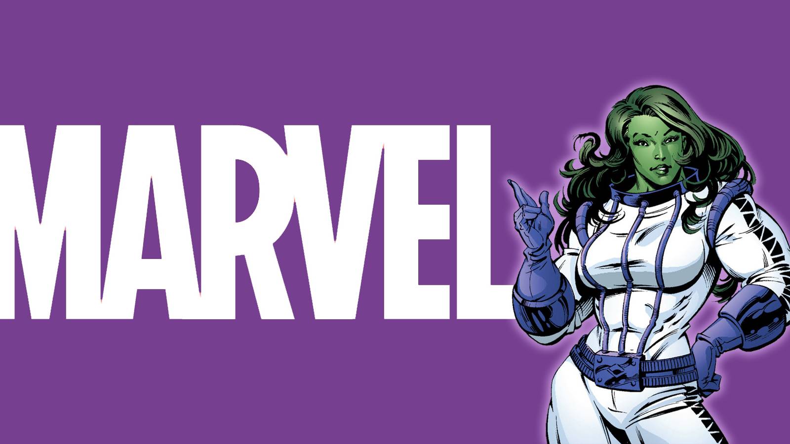 She-Hulk from Marvel comics with the Marvel logo.