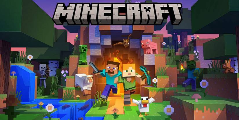 Image shwoing the Minecraft logo and a bunch of Minecraft characters running out of a cave.