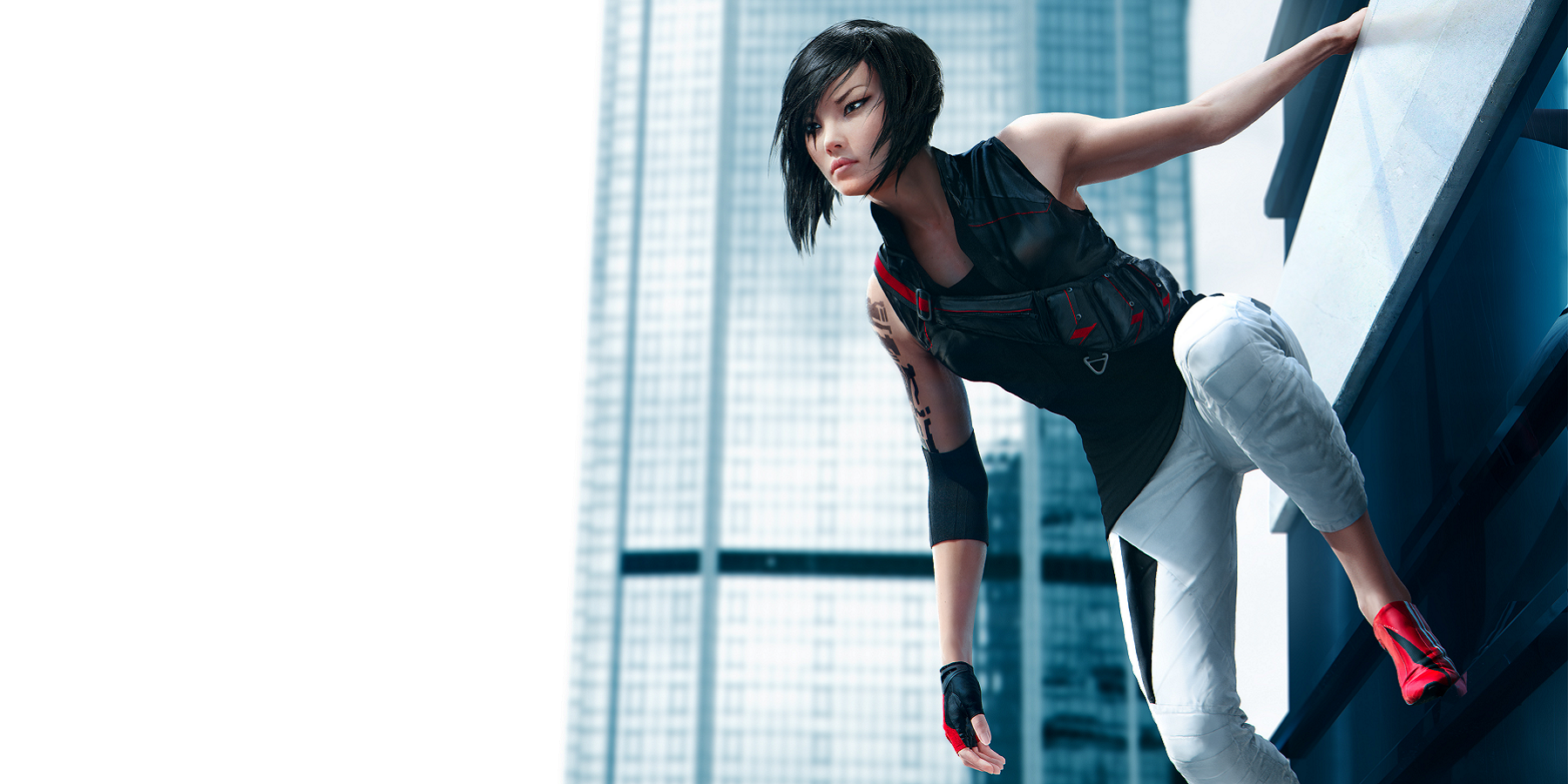 Image from Mirror's Edge showing protagonist Faith hanging off the side of a building.