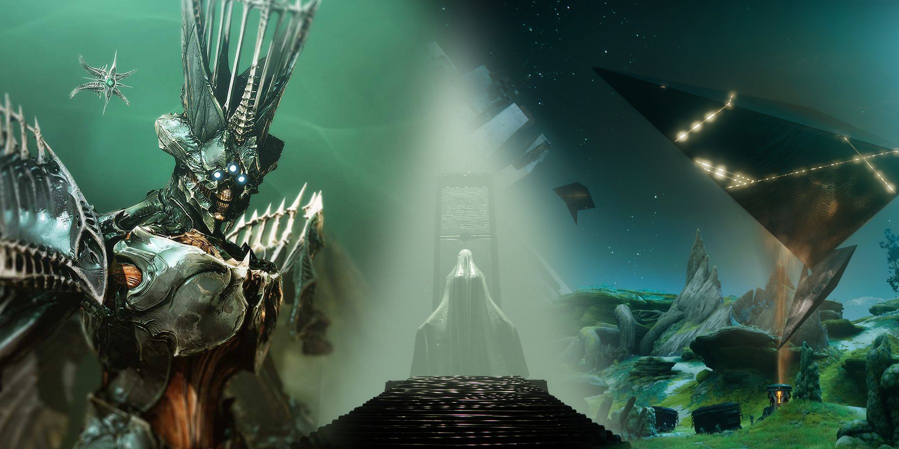 From left to right: Savathun with a Hive Ghost, a Darkness statue inside the Pyramid on the Moon, and a monolith event from Season of Arrivals in Destiny 2.