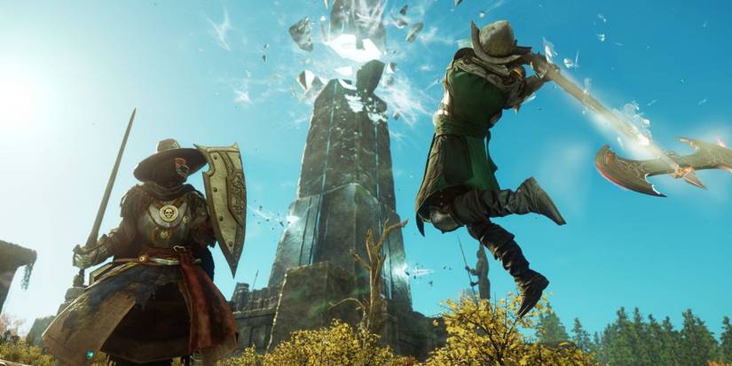 new-world-needs-changes sword and shield fight with great ax crumbled pillar 