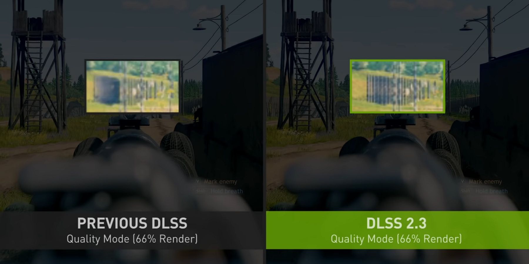 Screenshot of Enlisted with Nvidia DLSS on one side and DLSS 2.3 on the other.