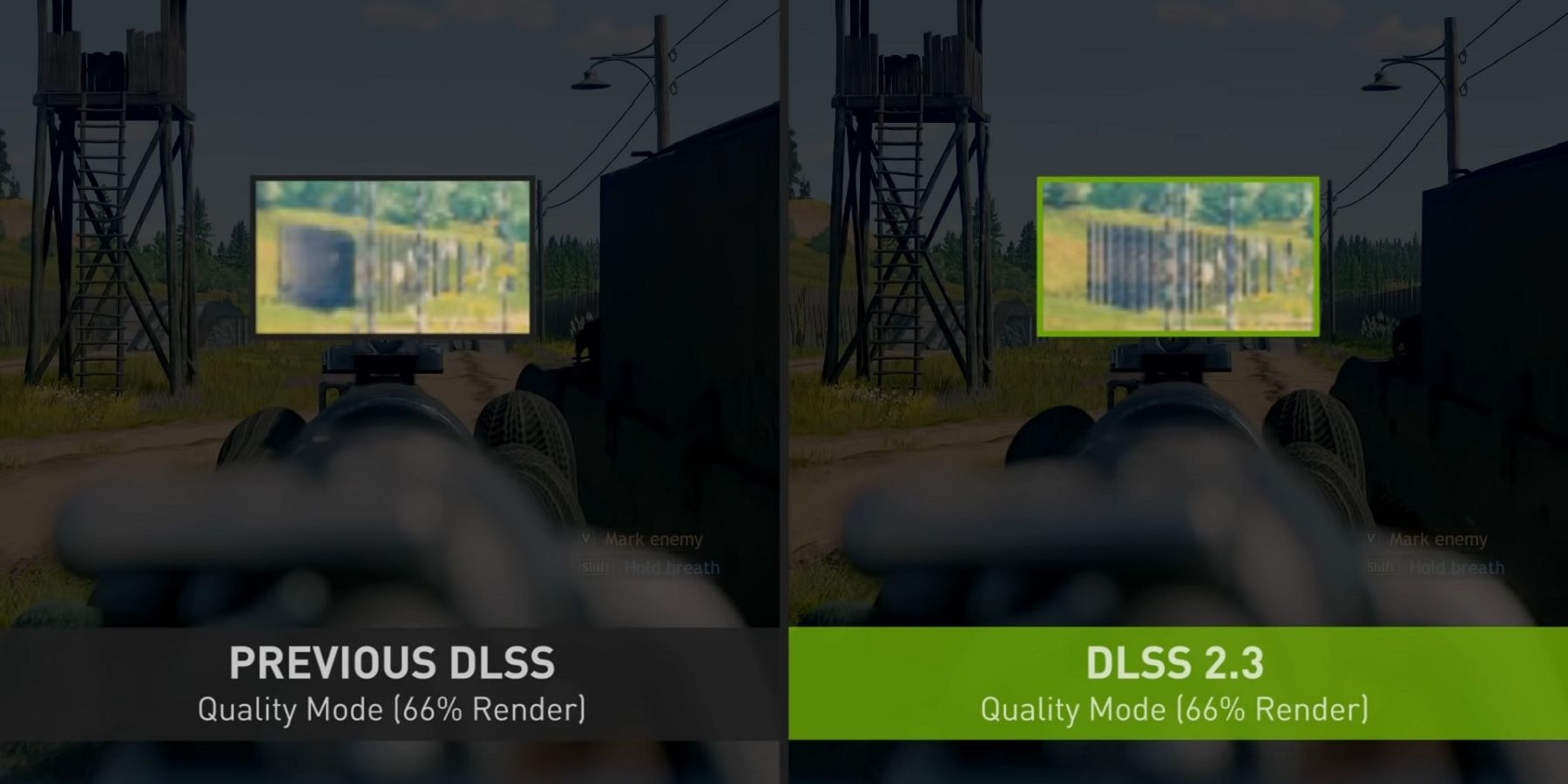 Screenshot from Enlisted showing Nvidia DLSS on one side and DLSS 2.3 on the other.