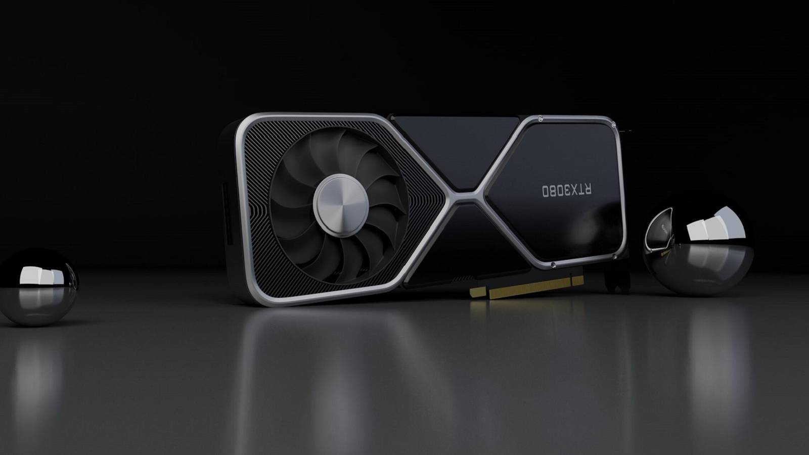 A photo of an Nvidia RTX 3080 GPU with chrome balls either side of it.
