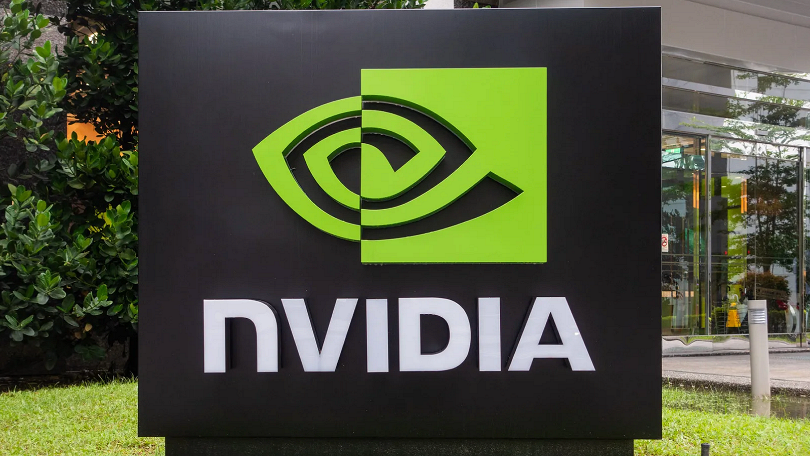 Photo of the Nvidia logo outside a corporate building.