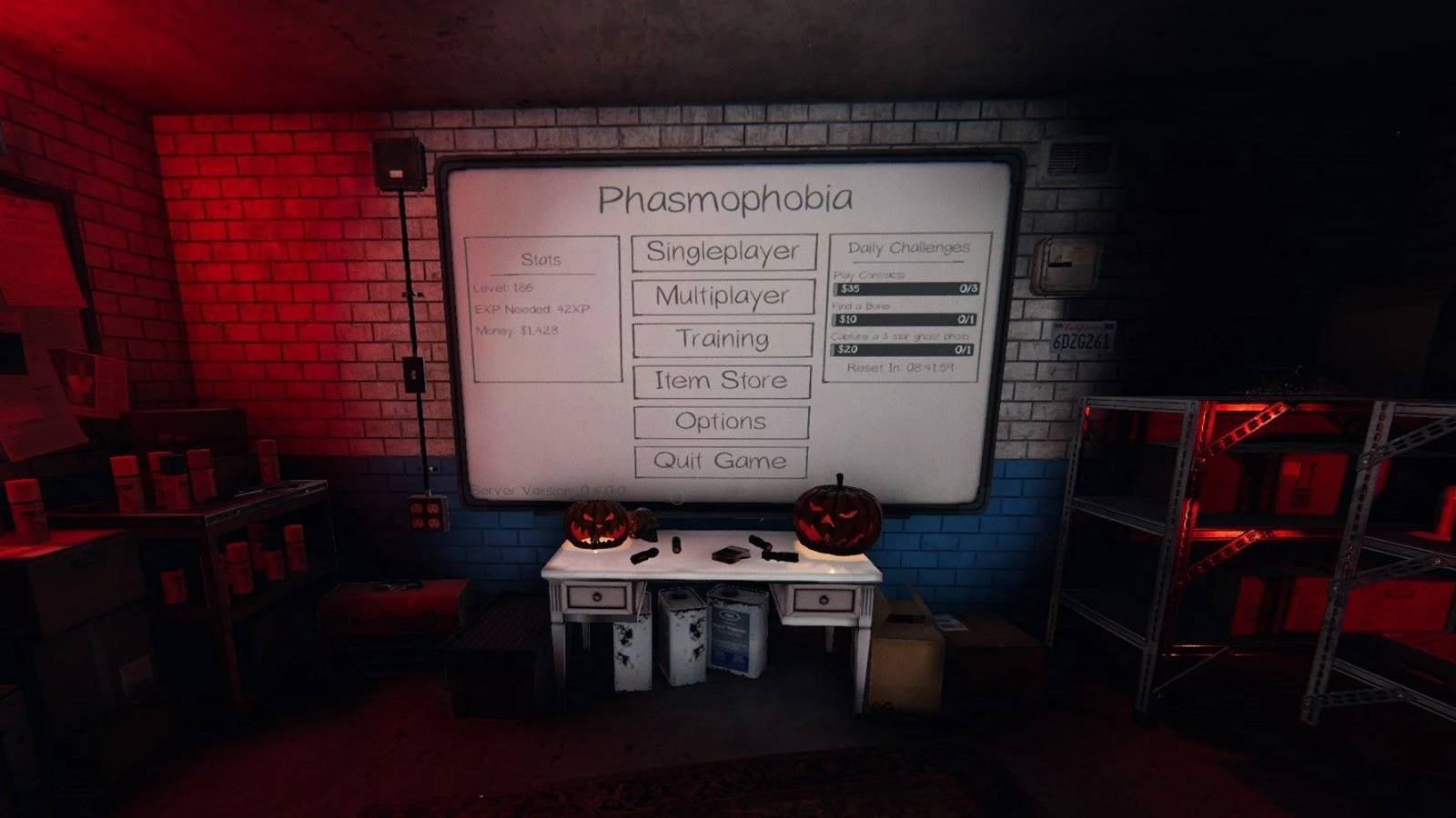 Screenshot from Phasmophobia showing the whiteboard menu surrounded by moody red lighting.
