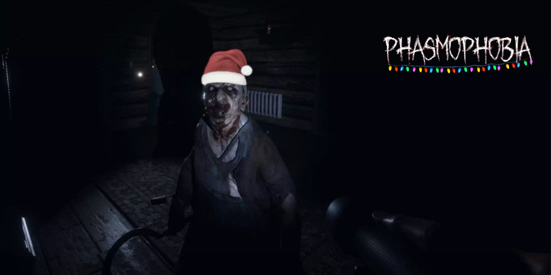 A screenshot from Phasmophobia showing one of the ghosts wearing a Christmas hat.