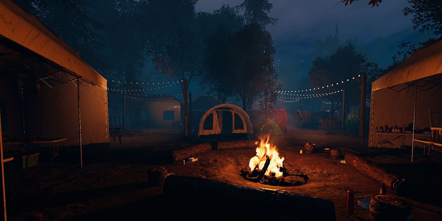 Screenshot from Phasmophobia showing the lit campfire in the campsite map.