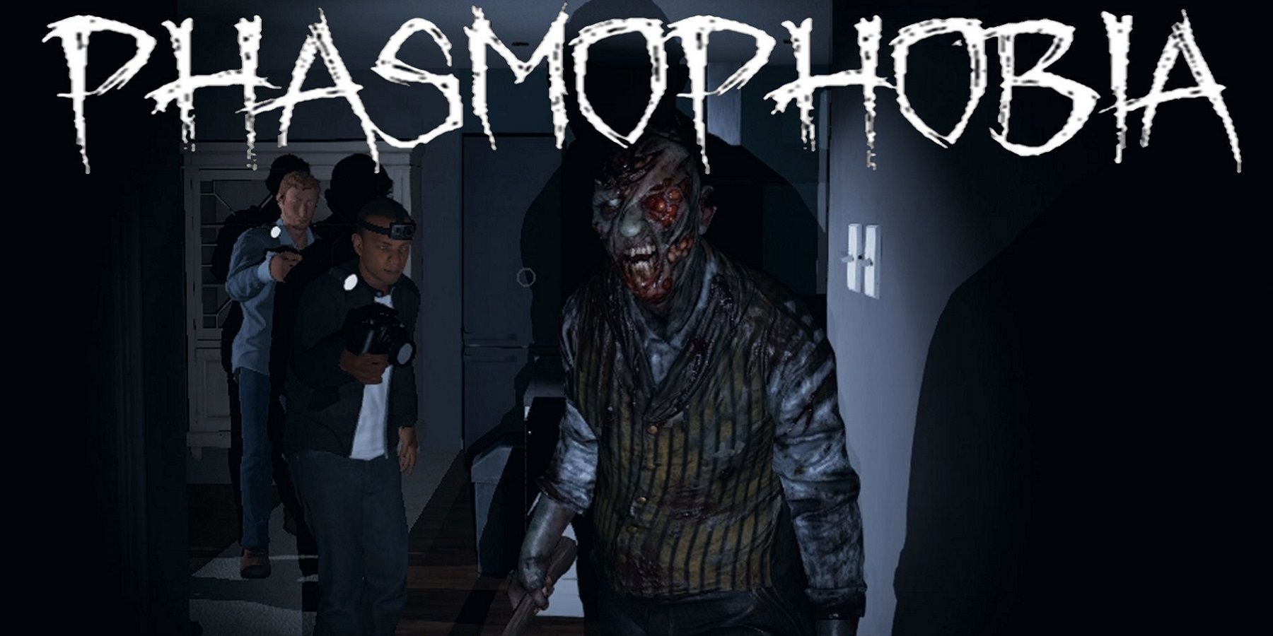 Screenshot from Phasmophobia showing the game's logo as two people approach a creepy-looking figure.