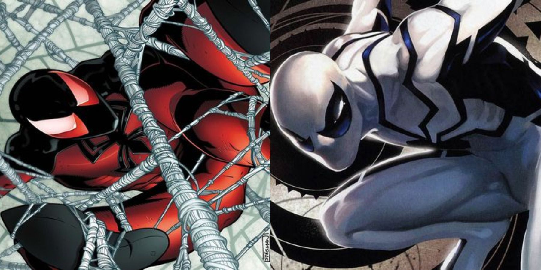 Spider-Man best non-movie suits feature split image Scarlet Spider (Kaine) and Future Foundation suit