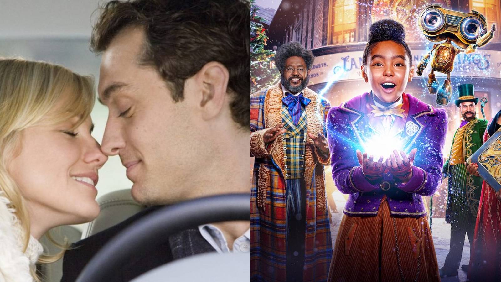 Netflix christmas movies feature split image The Holiday and Jingle Jangle