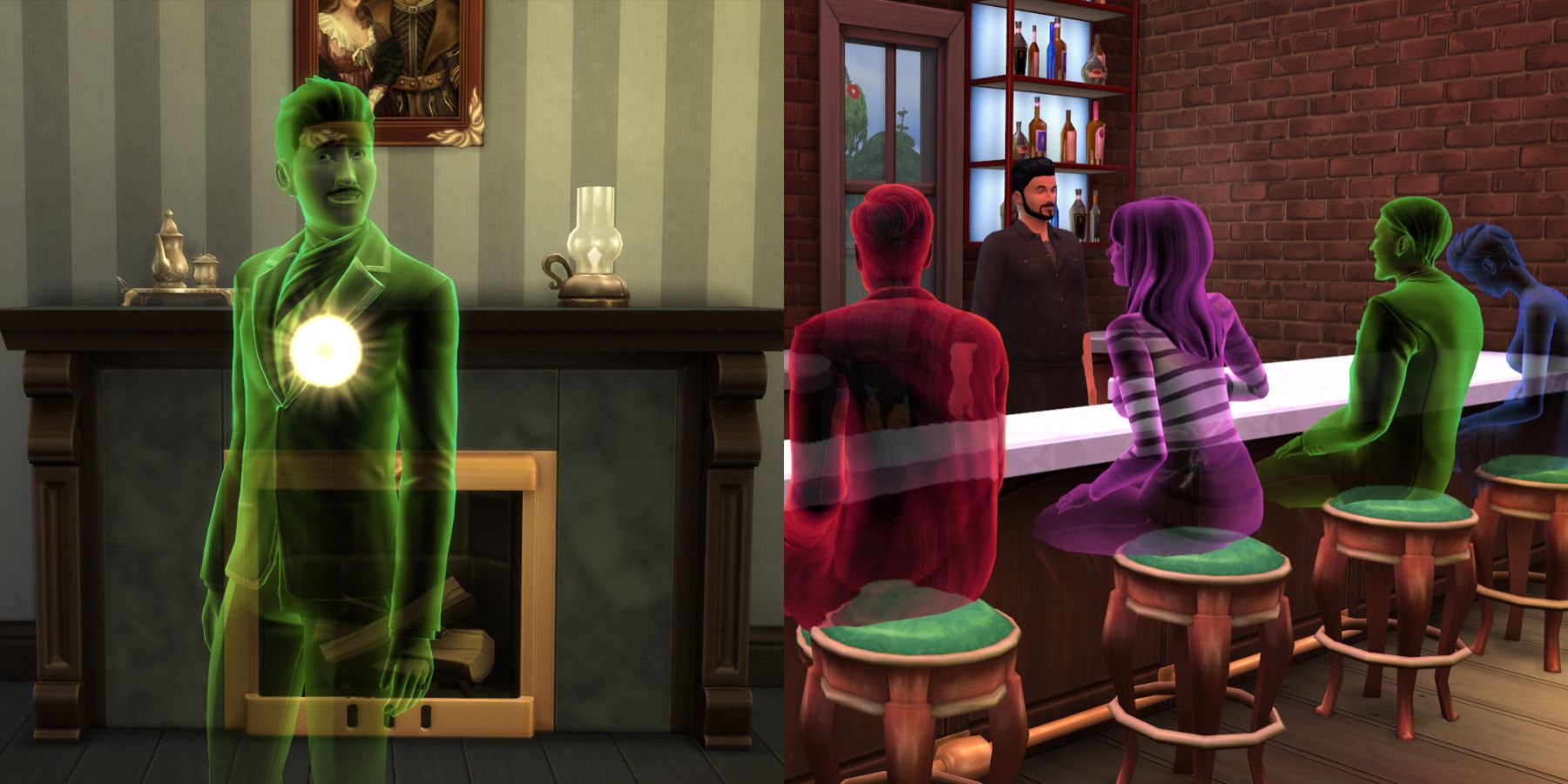 The Sims 4 ghosts feature split image vampire ghost and ghosts in a bar