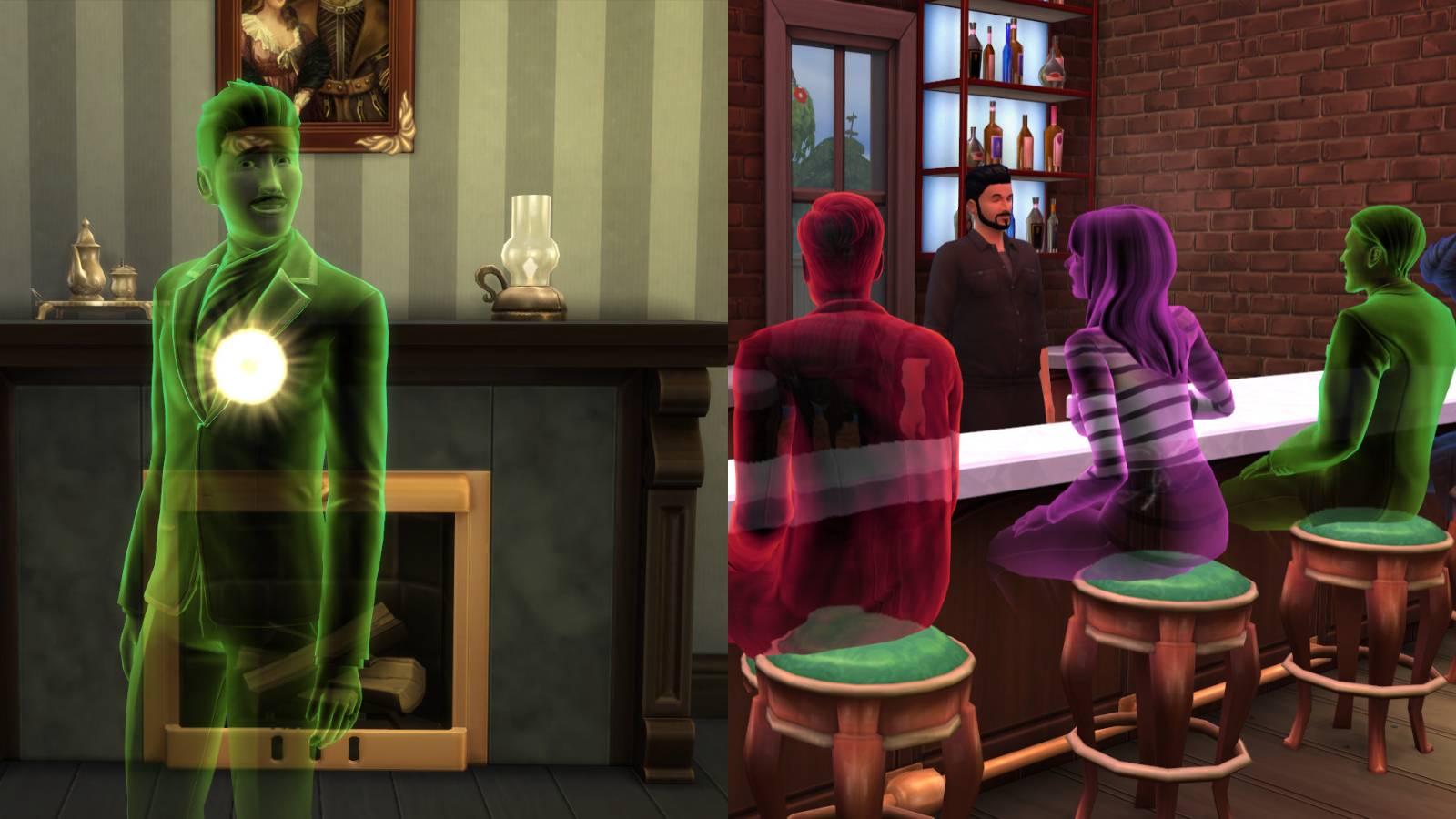 The Sims 4 ghosts feature split image vampire ghost and ghosts in a bar