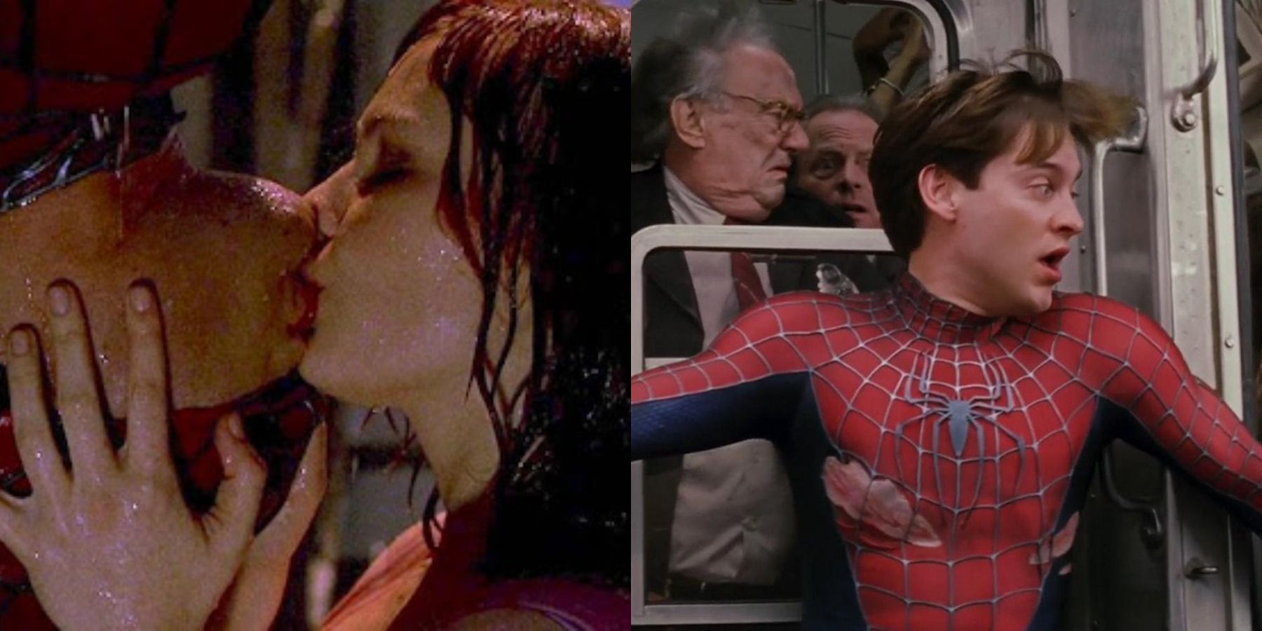 Сэм Рэйми Человек-паук показывает разделенное изображение Мэри Джейн и Человек-паук целуются, и Человек-паук останавливает сбежавший поезд