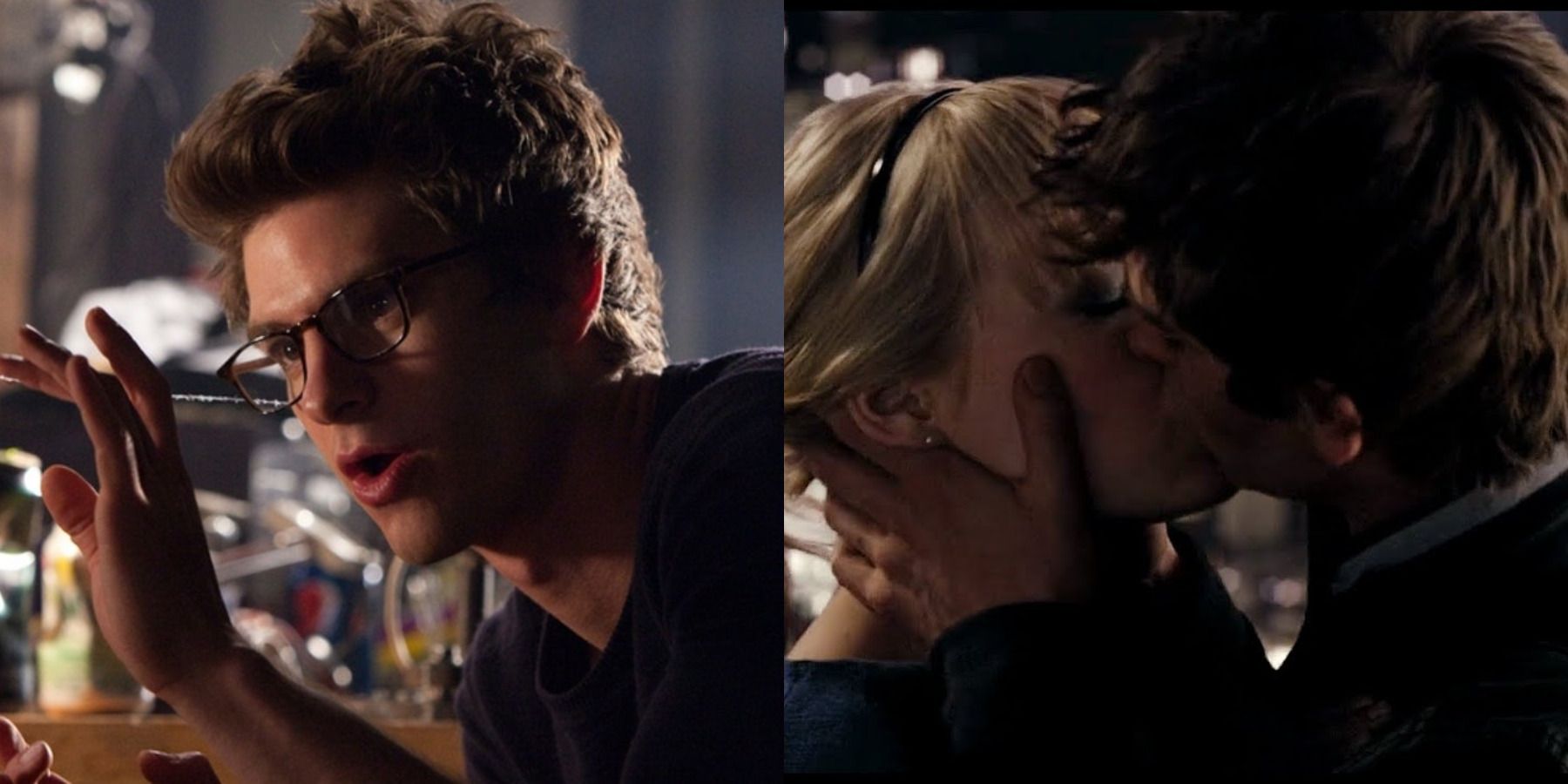 Amazing Spider-Man feature split image Peter makes his webs and Peter and Gwen Stacy kiss