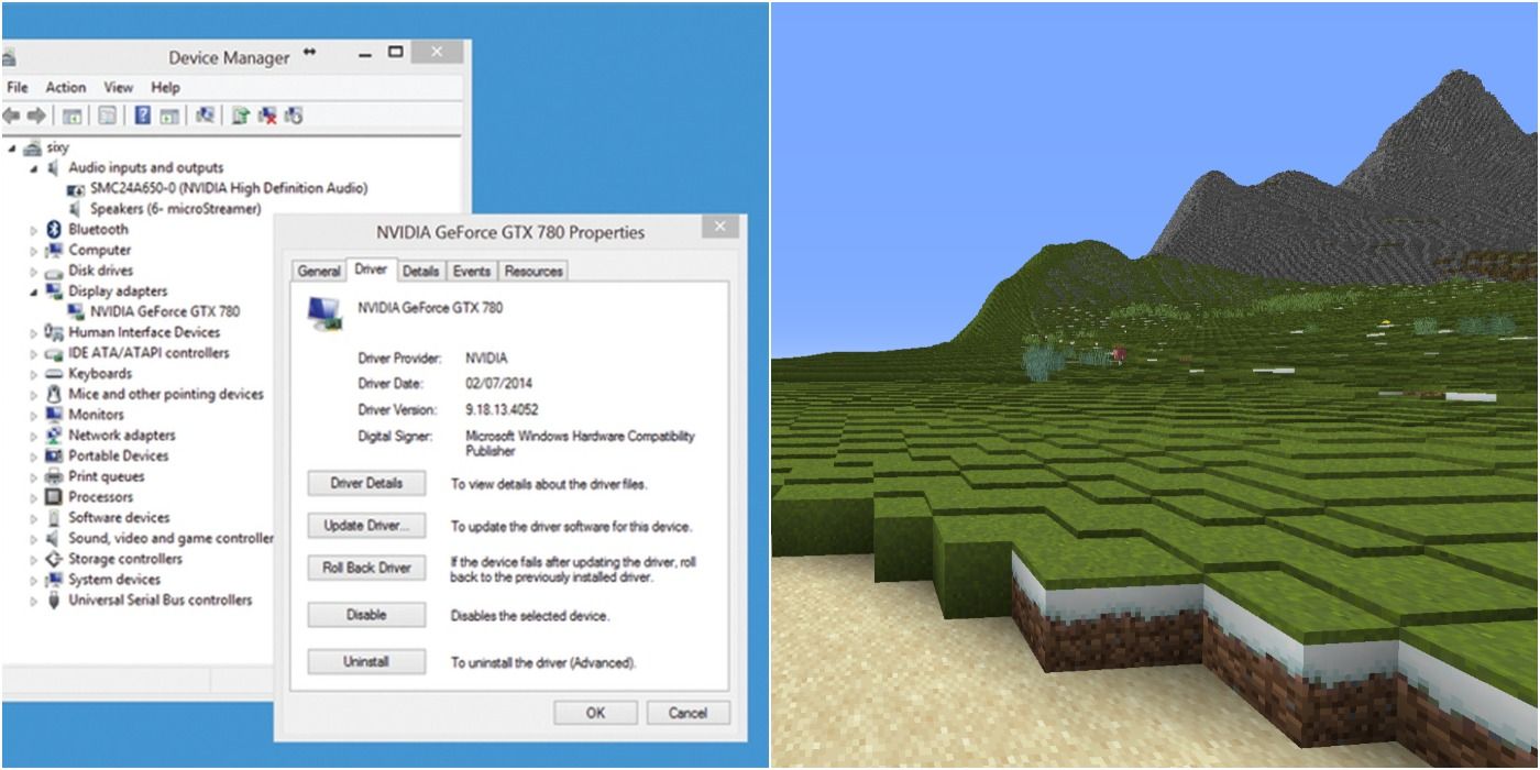 Split image of graphic driver window update and Minecraft grassy hills
