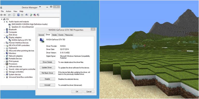 Split image of graphic driver window update and Minecraft grassy hills