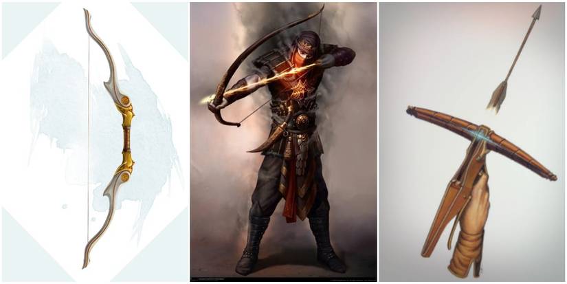 left to right: bow, archer wielding bow, crossbow