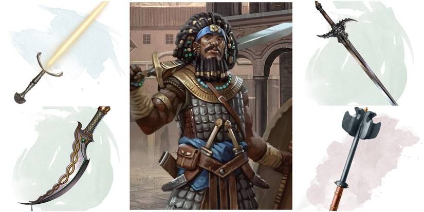 Fighter (center) surrounded by images of melee weapons