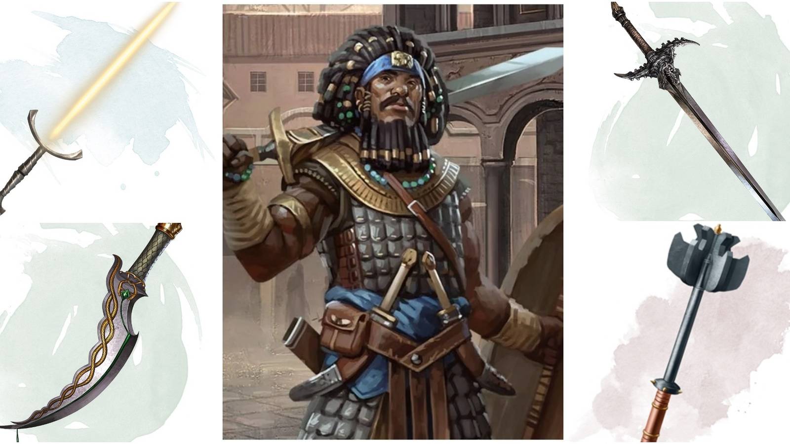 Fighter (center) surrounded by images of melee weapons