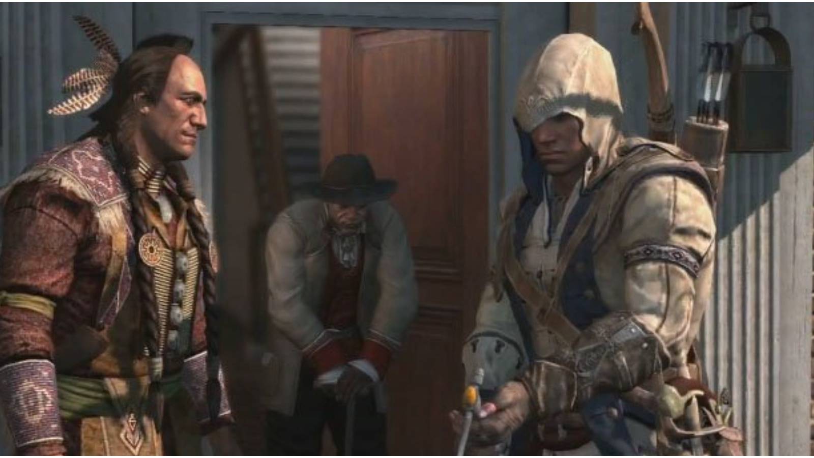 Conner with NPCs in front of house. 