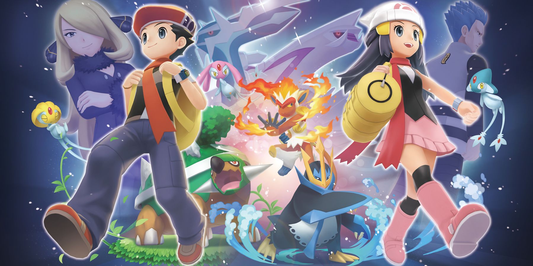 Art for Pokemon Brilliant Diamond and Shining Pearl depicting the player characters along with different Pokemon and the Elite Four Champion on the left and Leader of Team Galactic on the right.