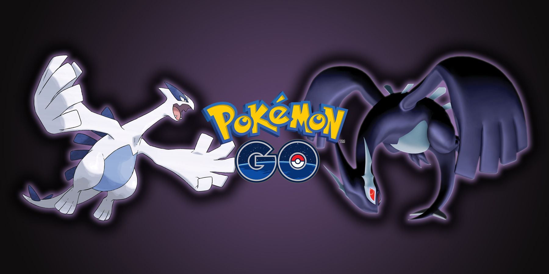 Lugia and Shadow Lugia from the Pokemon franchise with the Pokemon GO logo between them.