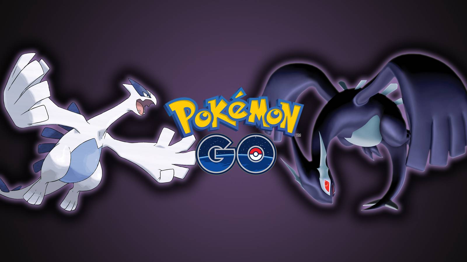 Lugia and Shadow Lugia from the Pokemon franchise with the Pokemon GO logo between them.