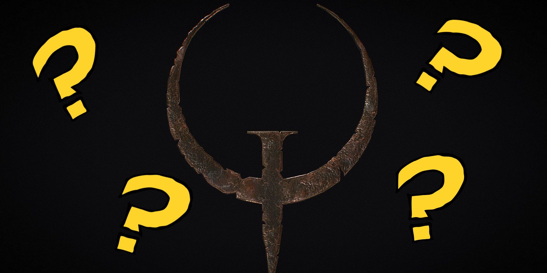 The Quake 1 logo on a black background with yellow question marks all around it.